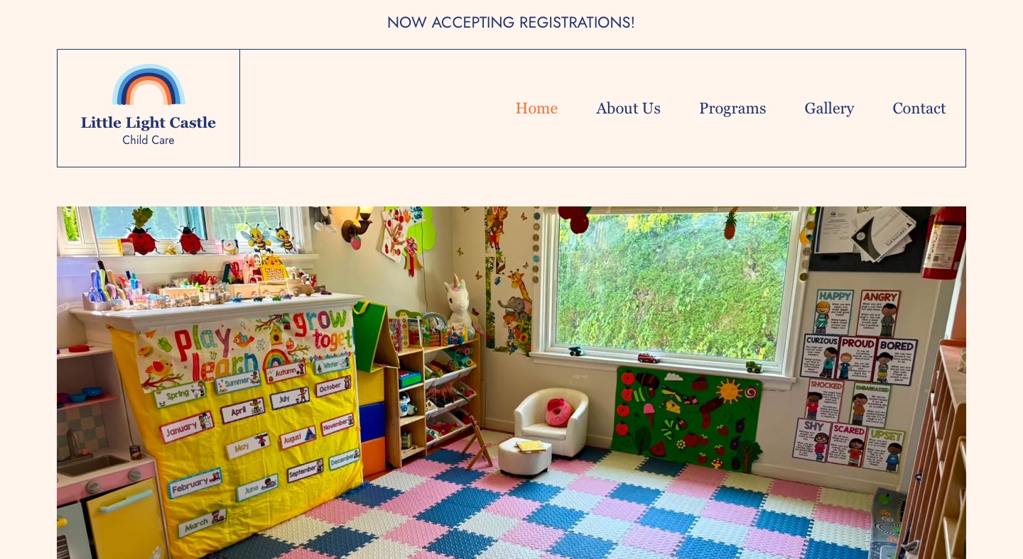 The Little Light Castle home page: rainbow logo, navigation and a photo of a bright playroom