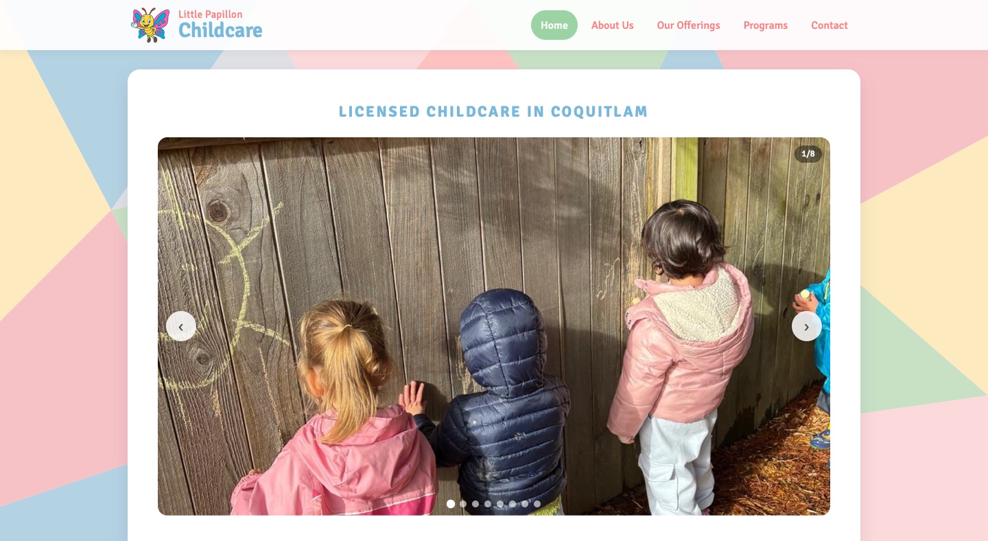 The Little Papillon home page: butterfly logo, navigation and a photo slideshow under the heading Licensed childcare in Coquitlam
