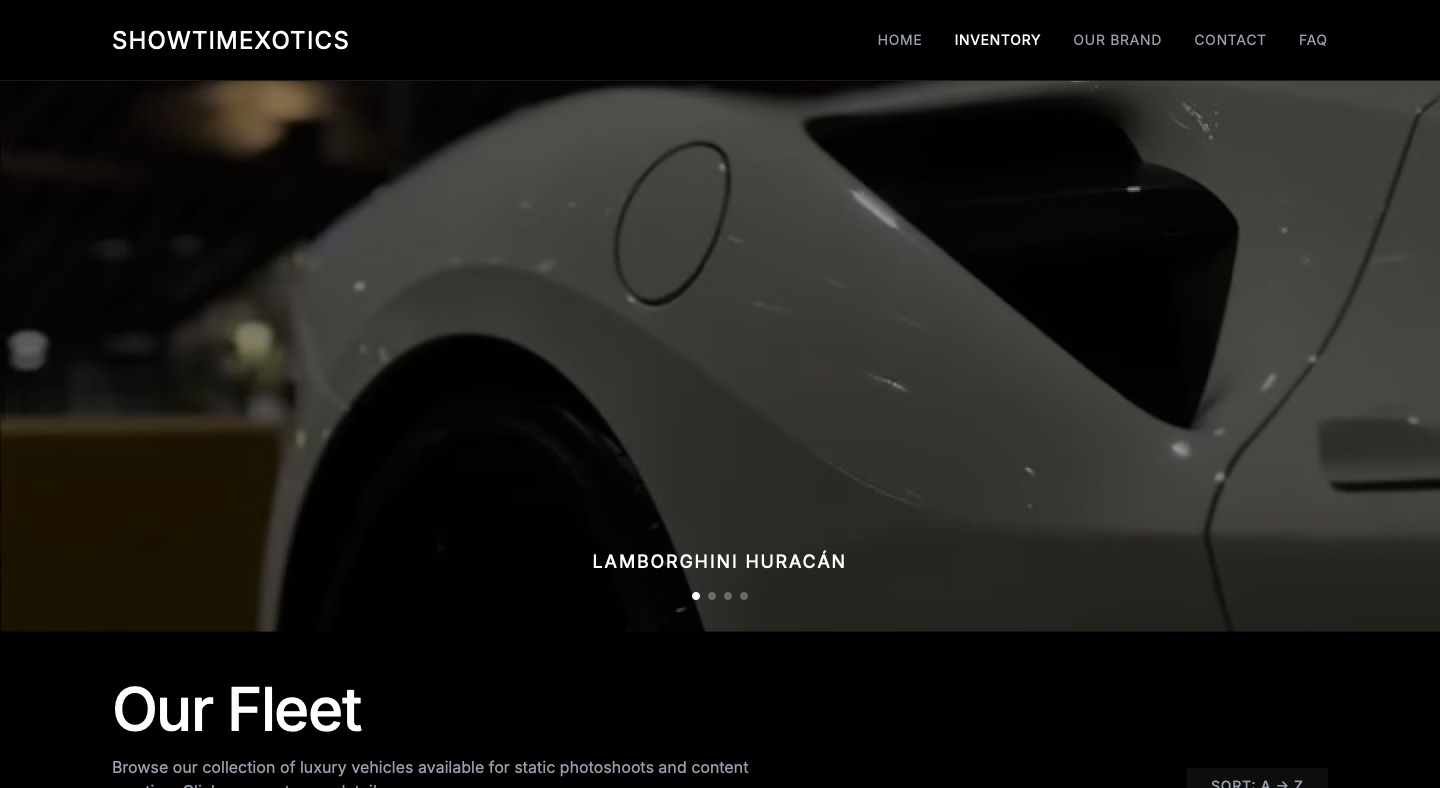 The ShowtimExotics fleet page: a Lamborghini Huracán tail light under the heading Our Fleet